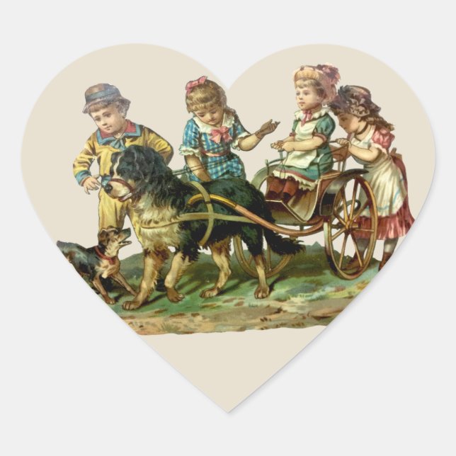 Vintage Children and Dog Wagon Heart Sticker (Front)