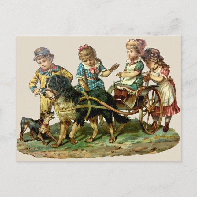 Vintage Children and Dog Wagon Postcard (Front)