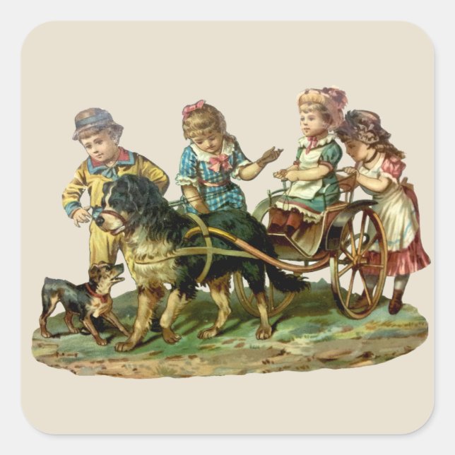 Vintage Children and Dog Wagon Square Sticker (Front)