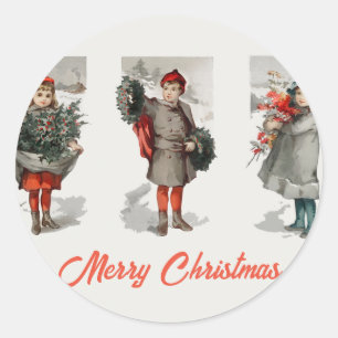 Vintage Children and Holly Winter Snow Christmas Classic Round Sticker