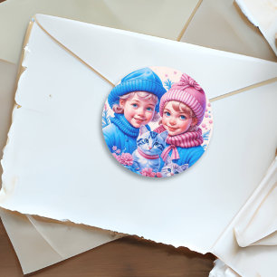 Vintage Children and Kittens Christmas Classic Round Sticker