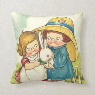 Vintage Children and Rabbits Easter Greeting Cushion