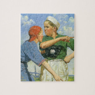 Vintage Children and Sports, Boys Playing Baseball Jigsaw Puzzle