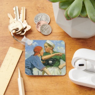 Vintage Children and Sports, Boys Playing Baseball Key Ring