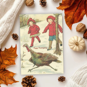 Vintage Children and Turkey Happy Thanksgiving   Holiday Card
