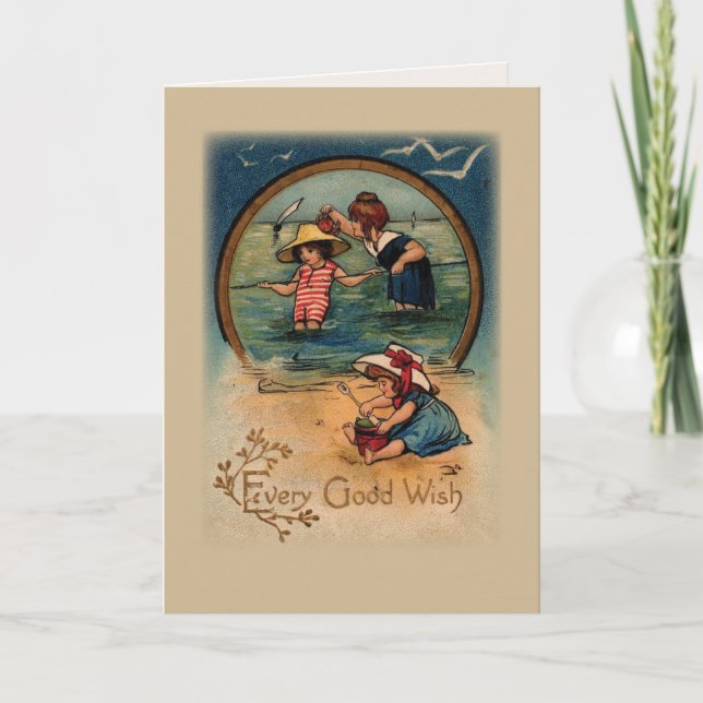 Vintage Children at Beach Birthday Card (Front)