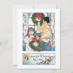 Vintage Children at Window w/Christmas Wreaths Holiday Card