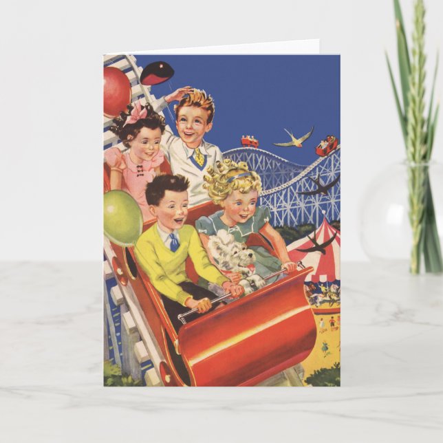 Vintage Children Balloons Dog Roller Coaster Ride Card (Front)