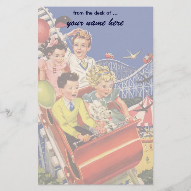 Vintage Children Balloons Dog Roller Coaster Ride Stationery (Front)