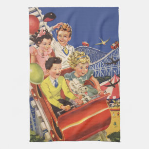 Vintage Children Balloons Dog Roller Coaster Ride Tea Towel