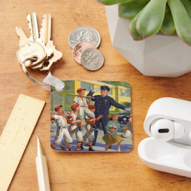 Vintage Children, Baseball Players Crossing Guard Key Ring (Desk)