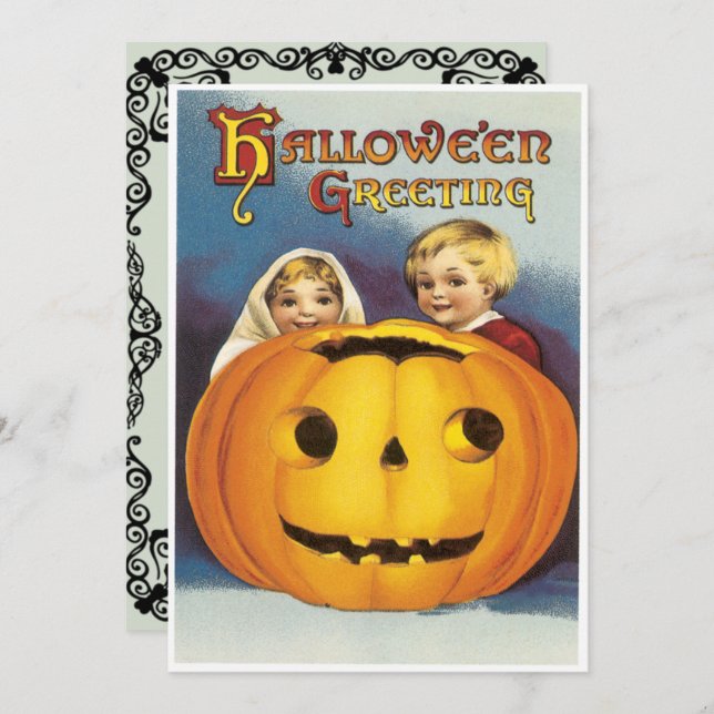 Vintage Children Behind A pumpkin Halloween Invitation (Front/Back)