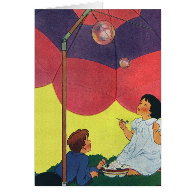 Vintage Children Blowing Bubbles Under an Umbrella (Front)