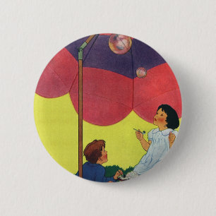 Vintage Children Blowing Bubbles Under an Umbrella 6 Cm Round Badge