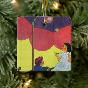 Vintage Children Blowing Bubbles Under an Umbrella Ceramic Ornament