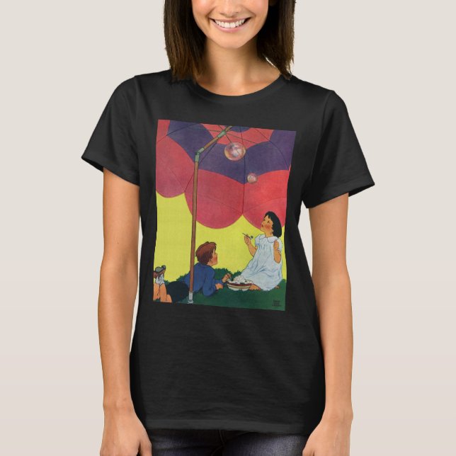 Vintage Children Blowing Bubbles Under an Umbrella T-Shirt (Front)