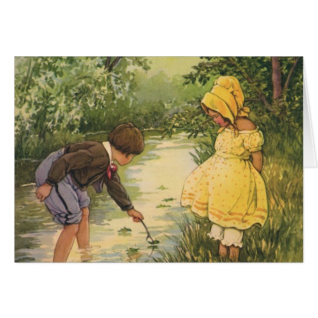 Vintage Children, Boy and Girl Playing by Creek (Front Horizontal)