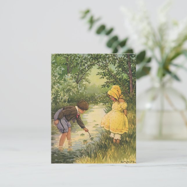Vintage Children, Boy and Girl Playing by Creek (Standing Front)