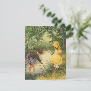 Vintage Children, Boy and Girl Playing by Creek