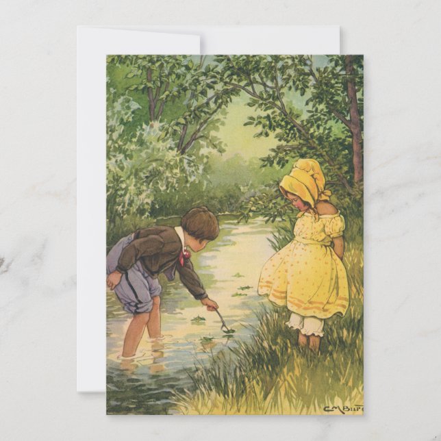 Vintage Children, Boy and Girl Playing by Creek (Front)