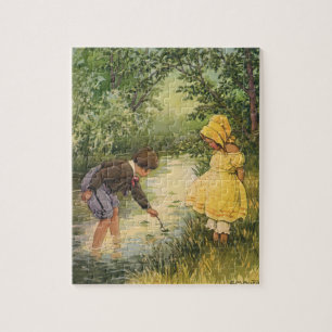 Vintage Children, Boy and Girl Playing by Creek Jigsaw Puzzle