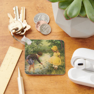 Vintage Children, Boy and Girl Playing by Creek Key Ring