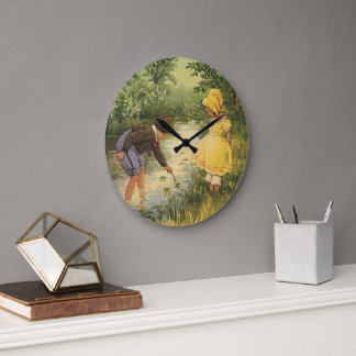 Vintage Children, Boy and Girl Playing by Creek Large Clock