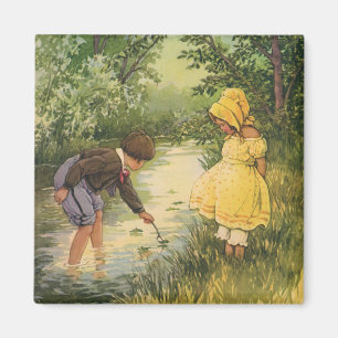 Vintage Children, Boy and Girl Playing by Creek Magnet