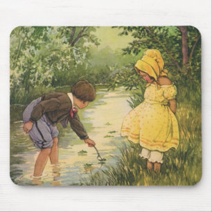 Vintage Children, Boy and Girl Playing by Creek Mouse Mat