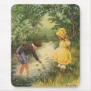Vintage Children, Boy and Girl Playing by Creek Mouse Mat
