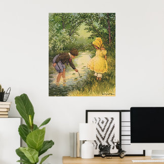 Vintage Children, Boy and Girl Playing by Creek Poster
