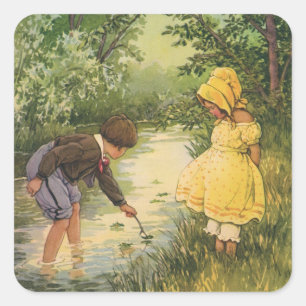 Vintage Children, Boy and Girl Playing by Creek Square Sticker