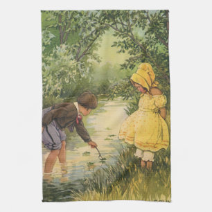 Vintage Children, Boy and Girl Playing by Creek Tea Towel