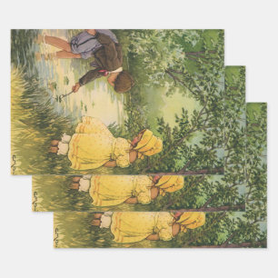 Vintage Children, Boy and Girl Playing by Creek Wrapping Paper Sheet