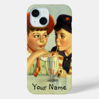 Vintage Children, Boy and Girl Sharing a Shake