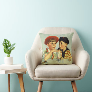 Vintage Children, Boy and Girl Sharing a Shake Cushion