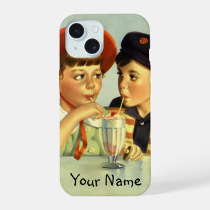 Vintage Children, Boy and Girl Sharing a Shake iPhone 15 Case
