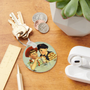 Vintage Children, Boy and Girl Sharing a Shake Key Ring