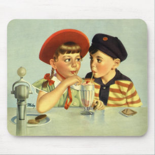 Vintage Children, Boy and Girl Sharing a Shake Mouse Mat