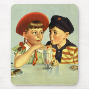 Vintage Children, Boy and Girl Sharing a Shake Mouse Mat
