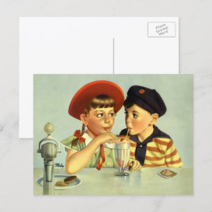 Vintage Children, Boy and Girl Sharing a Shake Postcard