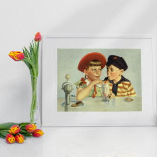 Vintage Children, Boy and Girl Sharing a Shake Poster
