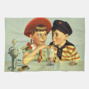 Vintage Children, Boy and Girl Sharing a Shake Tea Towel