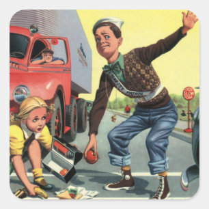 Vintage Children, Boy Safety Patrol Helping Girl Square Sticker