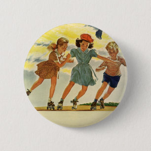 Vintage Children, Boys Girls Fun Roller Skating 6 Cm Round Badge