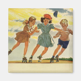 Vintage Children, Boys Girls Fun Roller Skating Magnet