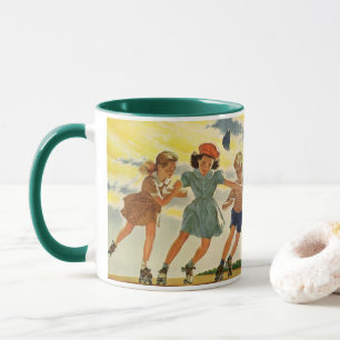 Vintage Children, Boys Girls Fun Roller Skating Mug