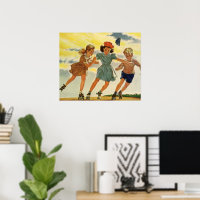 Vintage Children, Boys Girls Fun Roller Skating