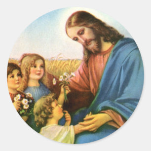 Vintage Children Bring Flowers to Jesus Christ Classic Round Sticker