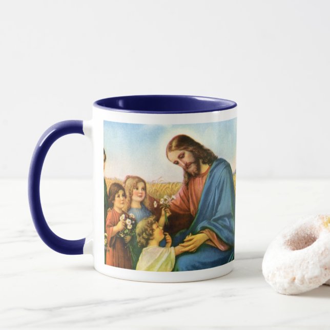 Vintage Children Bring Flowers to Jesus Christ Mug (With Donut)